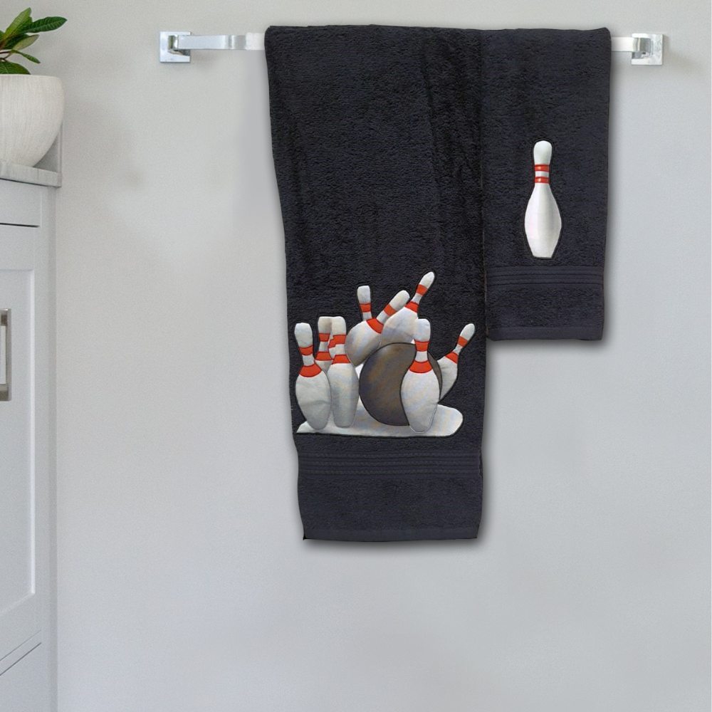 Bowling Appliqued Embroidered Personalized Towel Set Black