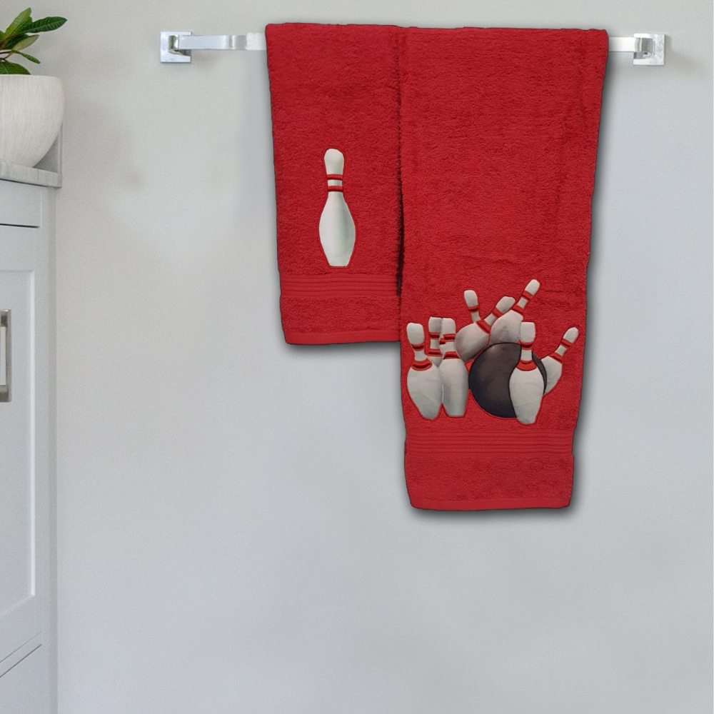 Bowling Appliqued Embroidered Personalized Towel Set Red