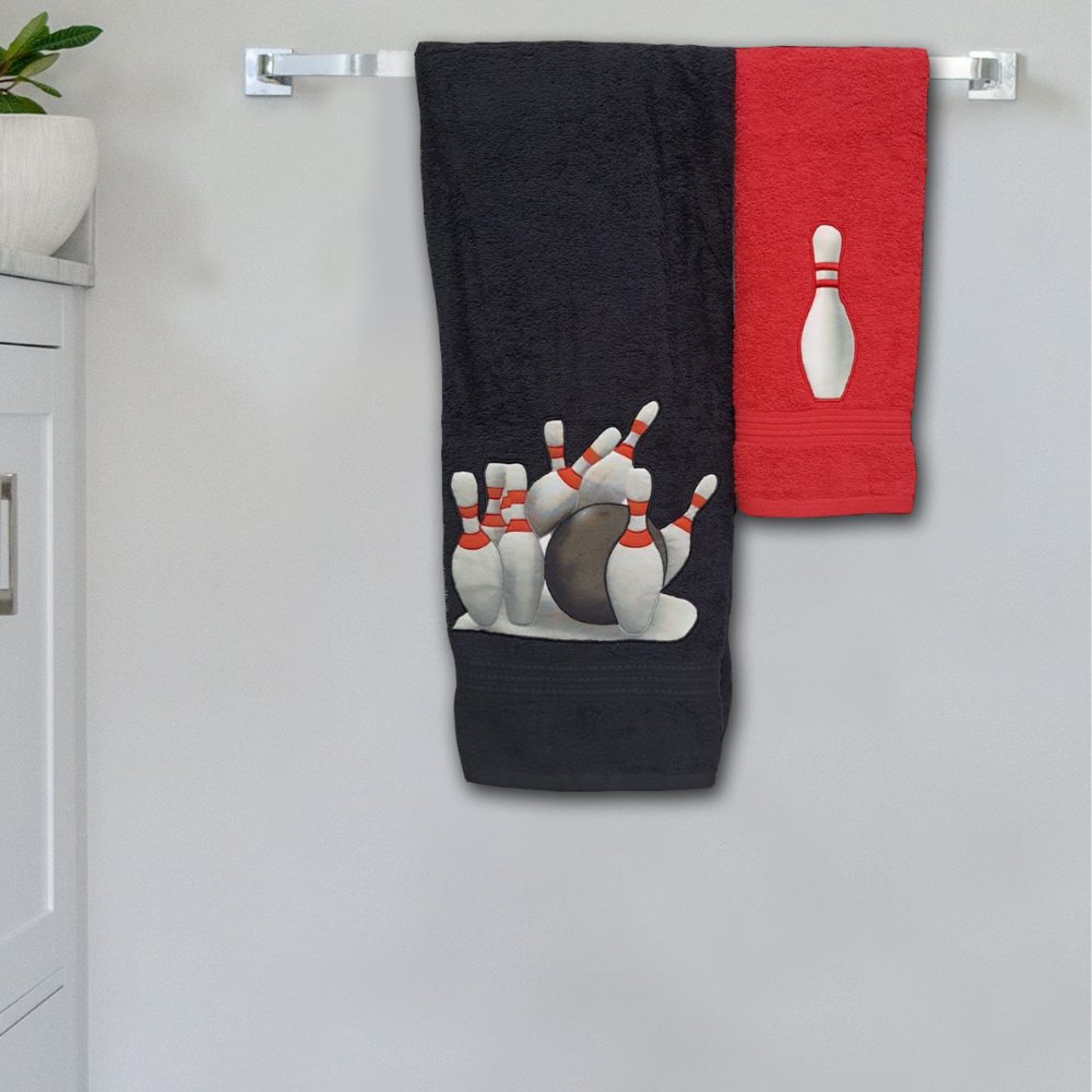 Bowling Appliqued Embroidered Personalized Towel Set Black-Red