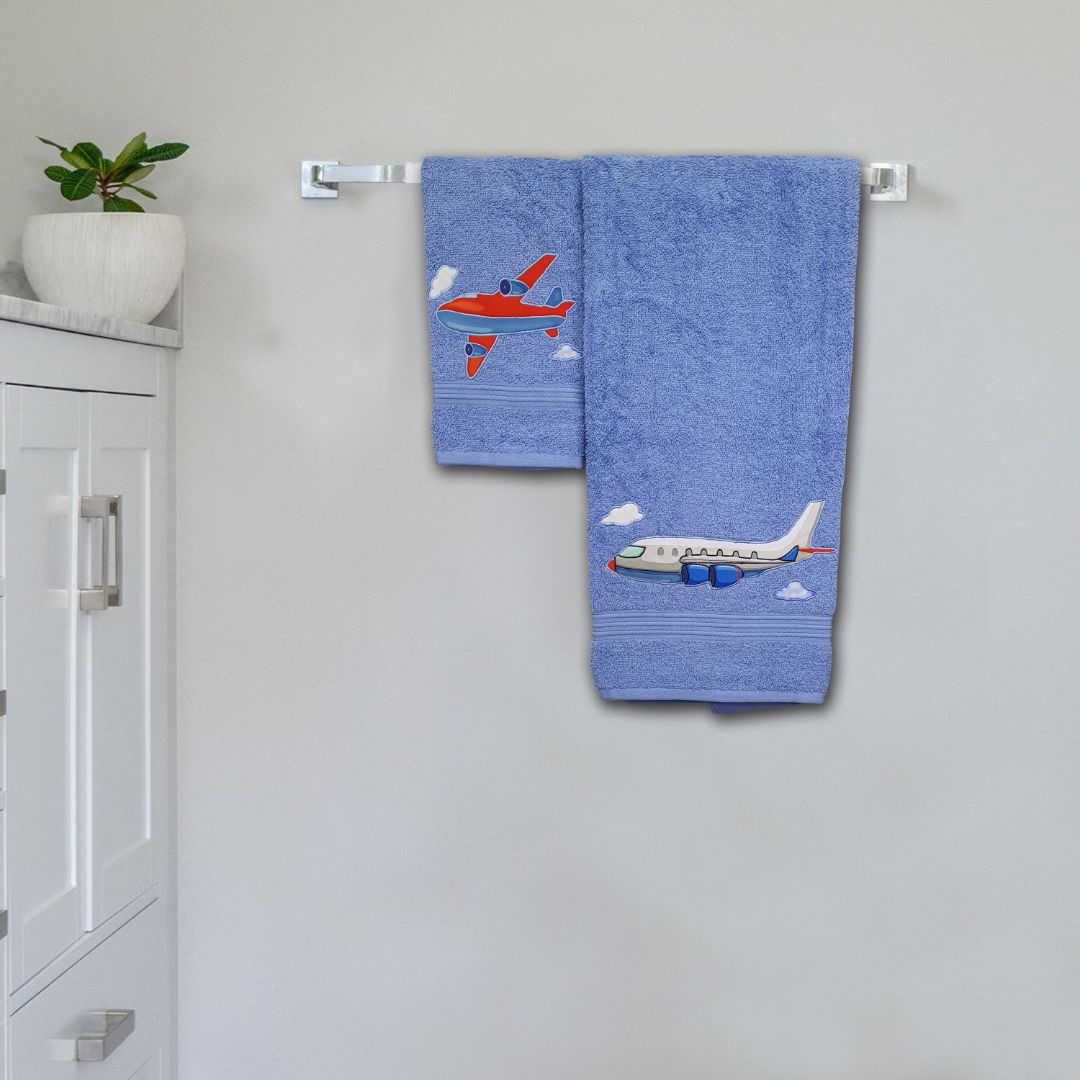 Aeroplane Embroidered Personalized Towel Set blue