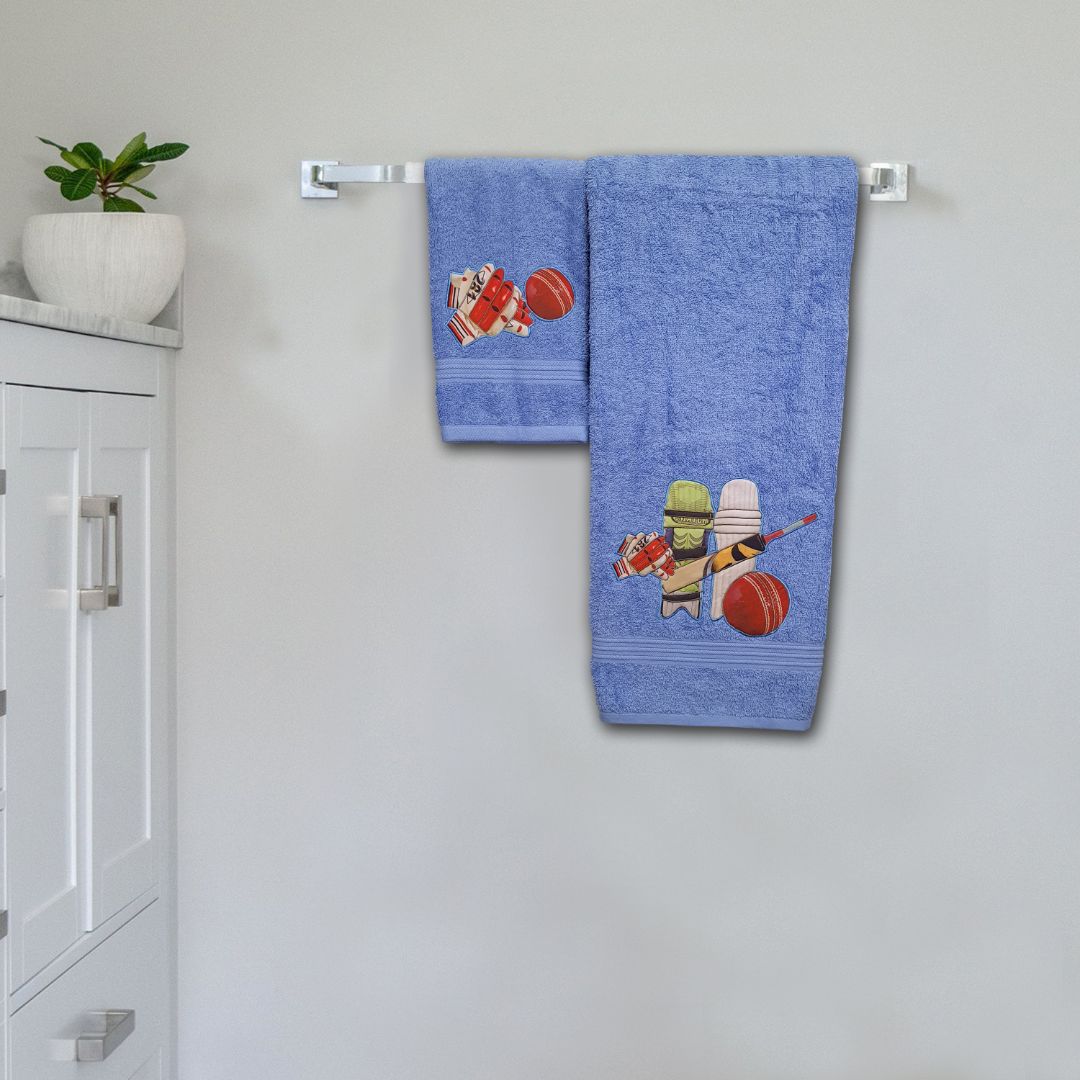 Cricket Embroidered Personalized Towel Set blue