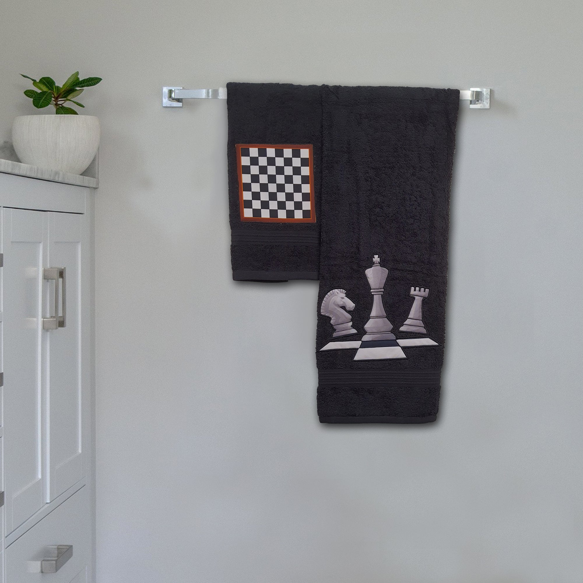 Chess Black Embroidered Personalized Towel Set