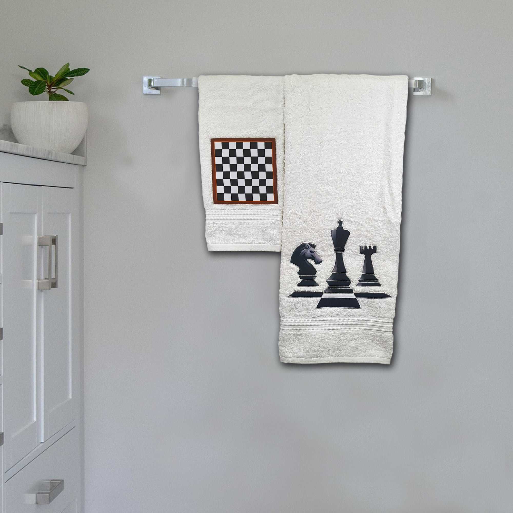 Chess White Embroidered Personalized Towel Set