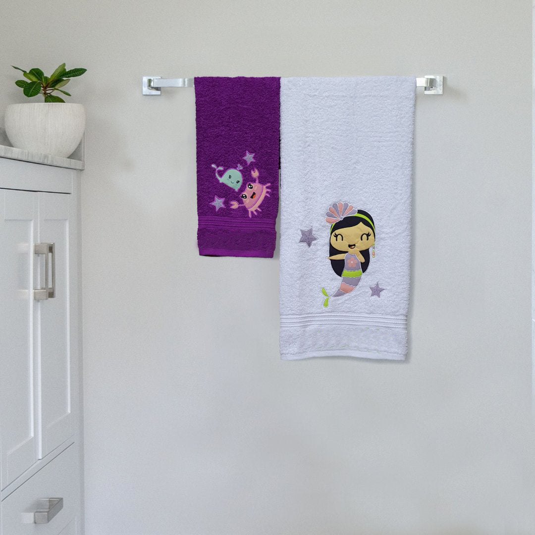 Mermaid Embroidered Personalized Towel Set Purple-White