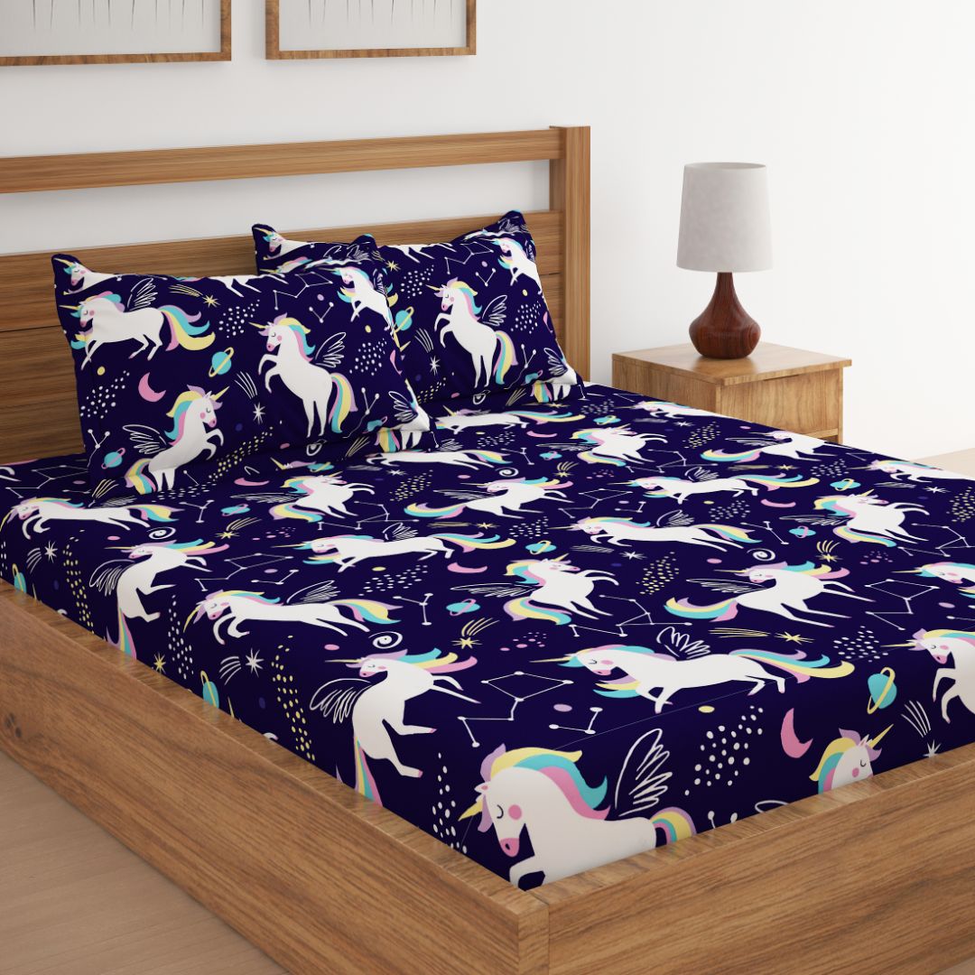 Unicorn Dark Blue Print Bed Sheet Sweet Heart Creations