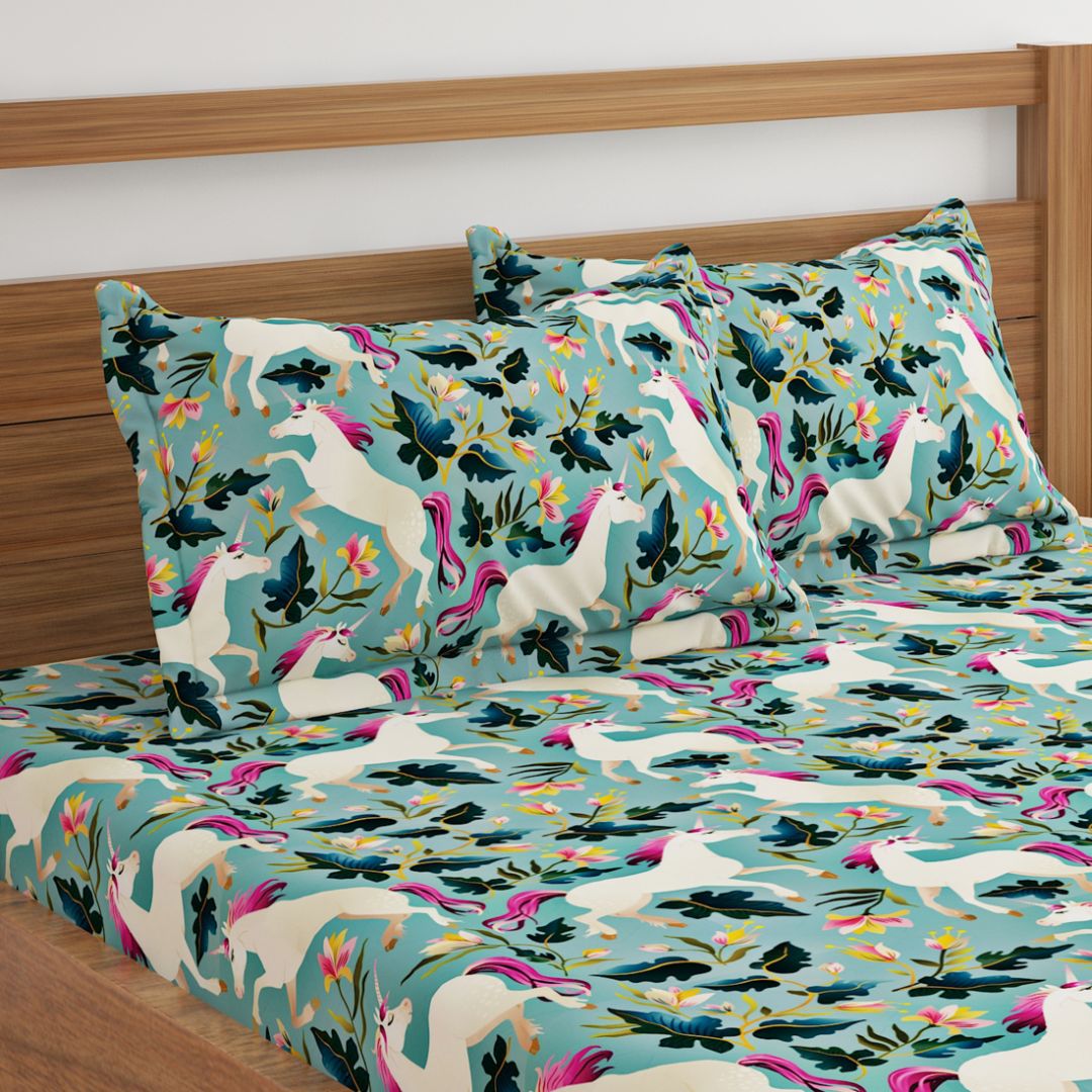 Unicorn Light Green Print Bed sheets
