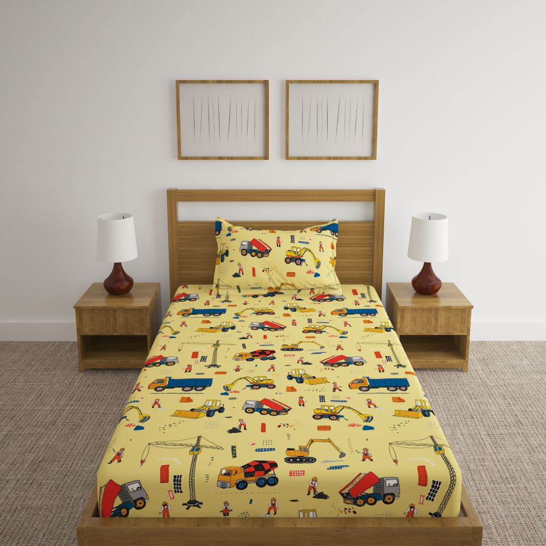 Construction Vehicles Print Bed Sheet Sweet Heart Creations