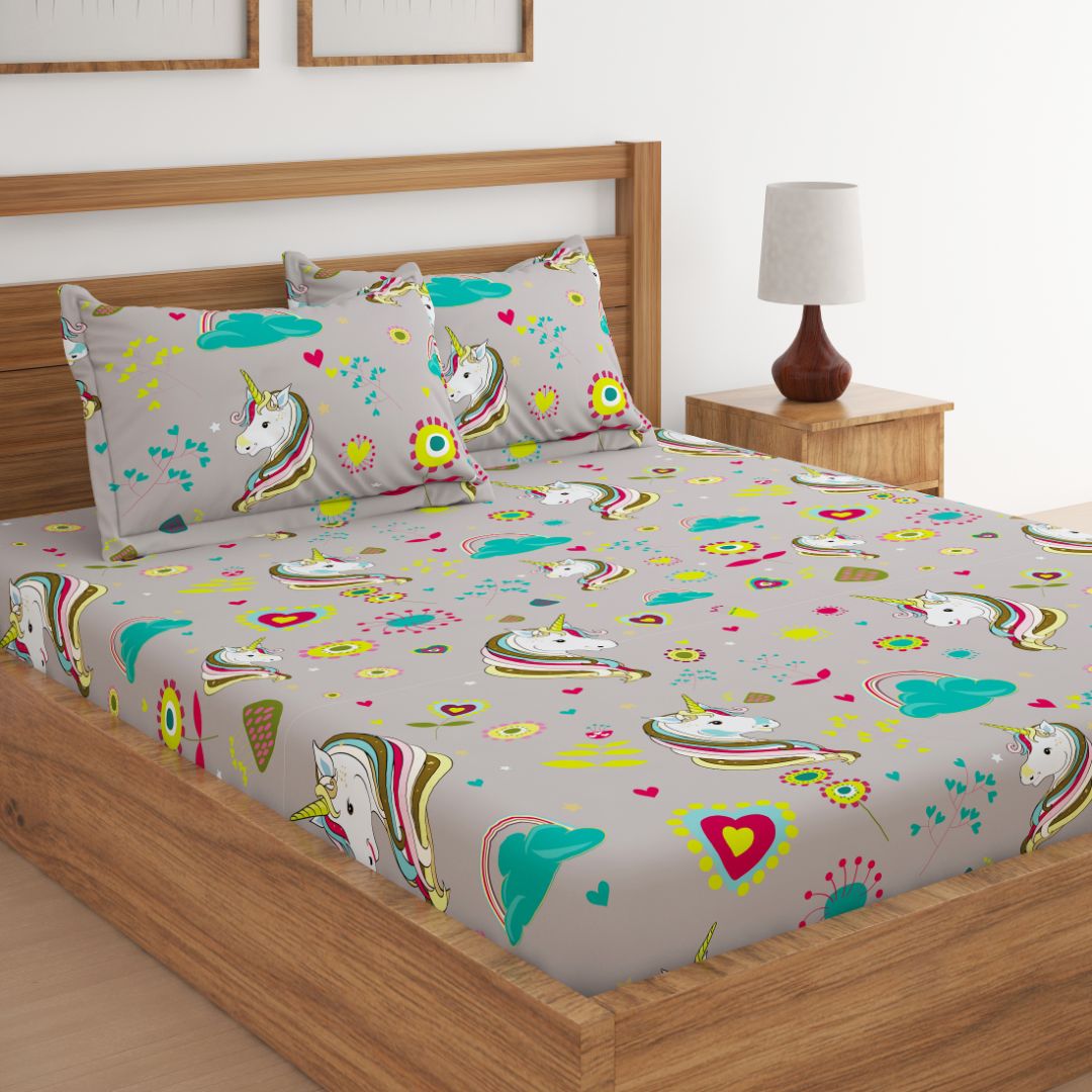 Unicorn Grey Print Bed Sheet